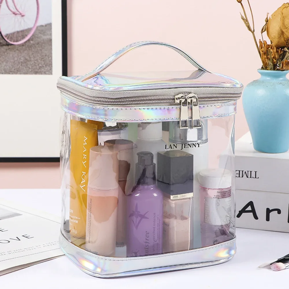 pochette de maquillage transparente en pvc avec poignée, organiseur de cosmétiques de voyage transparent, trousse de toilette imperméable approuvée par la tsa