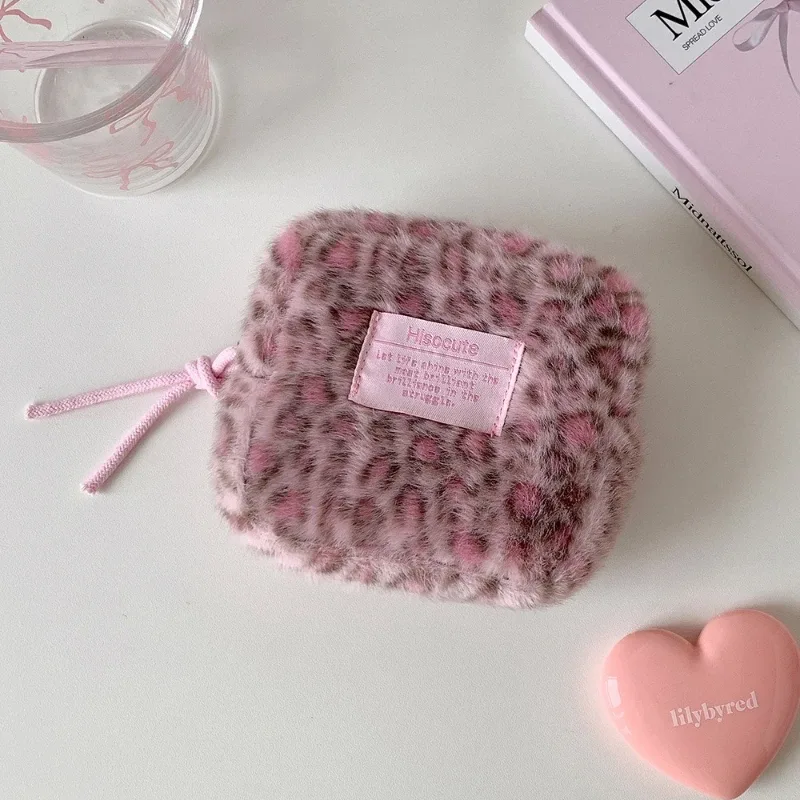 1 pièce trousse de maquillage carrée en peluche rétro à imprimé léopard, mignonne et portable, sac de rangement pour articles de toilette, cadeau pour femme