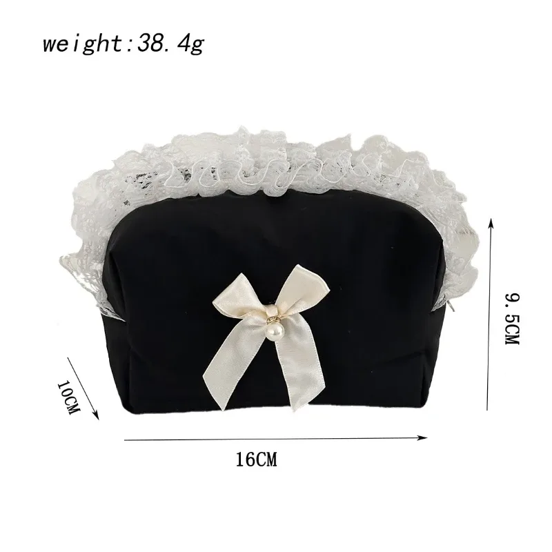 trousse de maquillage coréenne avec nœud en dentelle noire, organisateur de cosmétiques de grande capacité, pochette de toilette de voyage mignonne