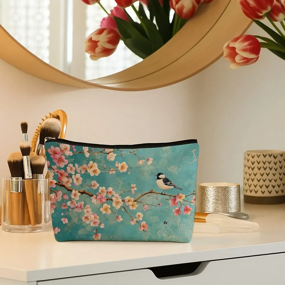 trousse de maquillage à motif floral, imprimé botanique vintage, oiseau, fleur de cerisier, trousse de toilette portable, pochette de rangement chic et pratique pour femmes