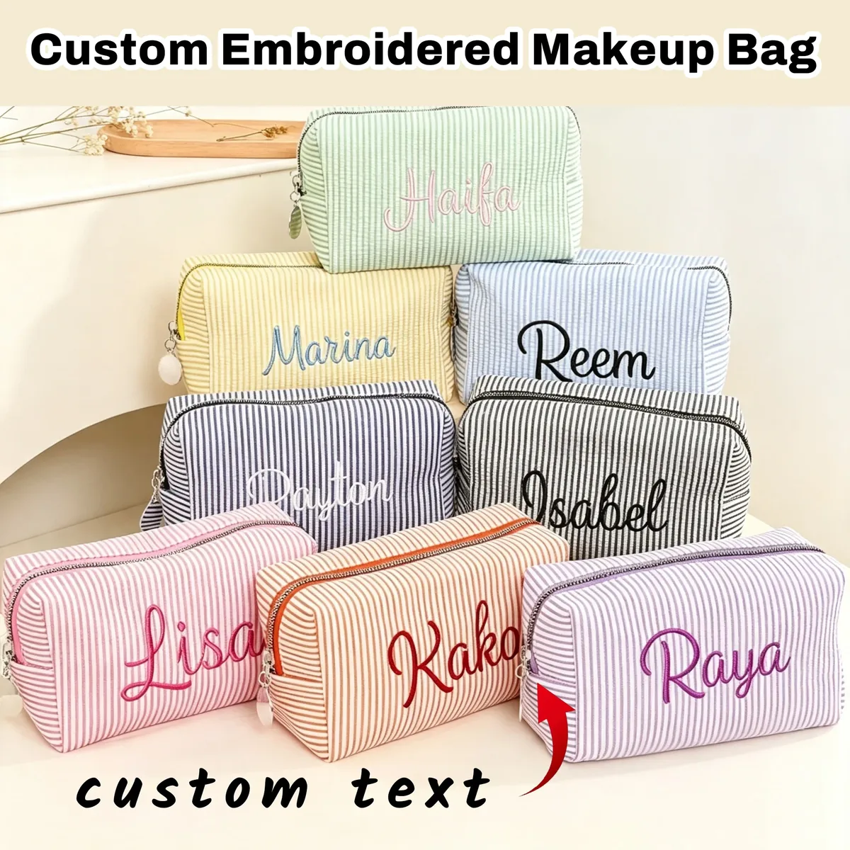 pochette cosmétique en seersucker brodée, sac de rangement et de toilette, pochette de toilette personnalisée à rayures monogramme, trousse de maquillage pour demoiselle d'honneur