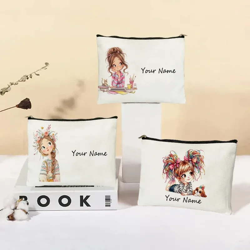 Trousse de Maquillage en Toile Personnalisée avec Nom, Pochette Cosmétique Quotidienne Personnalisée, Trousse de Toilette, Cadeau de Noël ou d'Anniversaire pour Filles