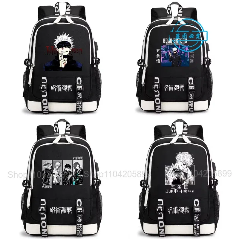 sac à dos jujutsu kaisen, anime satoru gojo itadori yuji, sac d'école pour étudiants, grande capacité, port de chargement usb, sac à dos de voyage