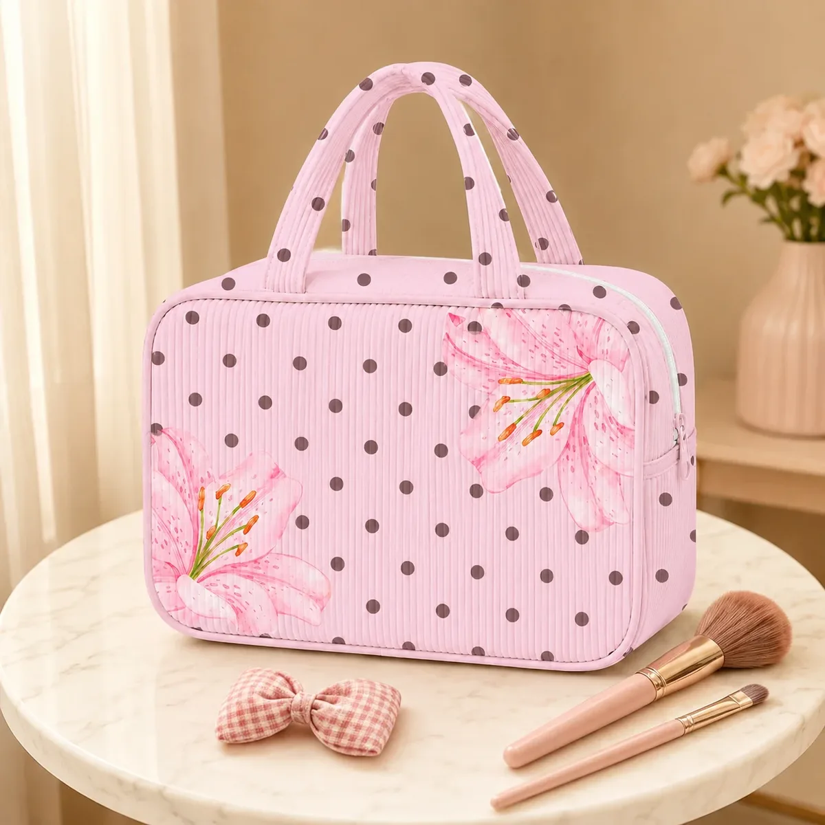 trousse de maquillage rose à pois, grande capacité côtelée avec fermeture éclair pour femmes, idéale pour les voyages et les articles de toilette