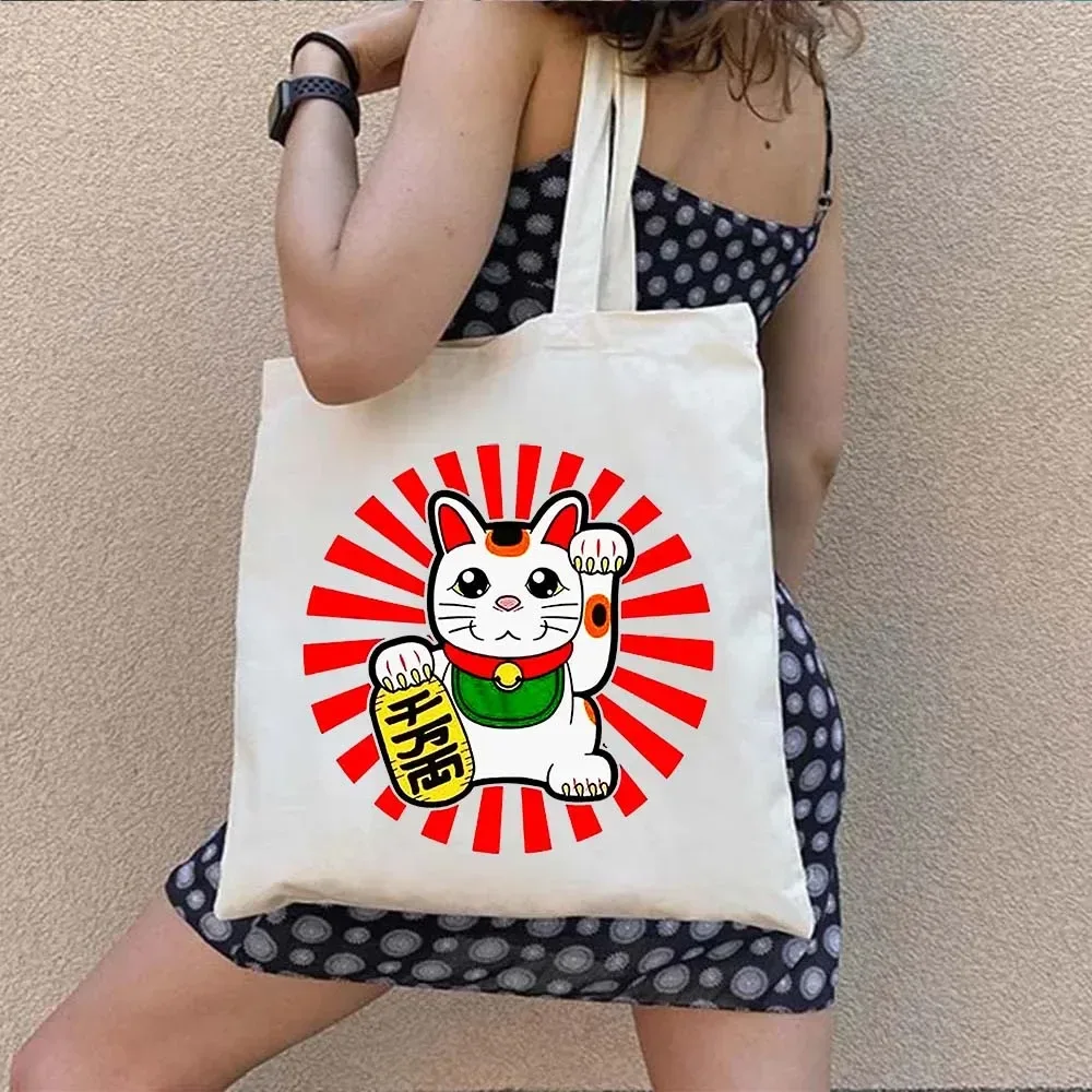 sac fourre-tout en toile à bandoulière pour le shopping, motif maneki neko, chat porte-bonheur japonais mignon, style mont fuji, style japonais, geisha de kyoto, tokyo japon