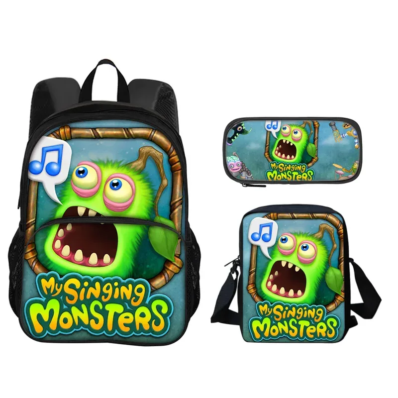 sac à dos my singing monsters, sac à stylos, sac à bandoulière, ensemble de 3 pièces imprimé pour garçons et filles de maternelle et d'école primaire