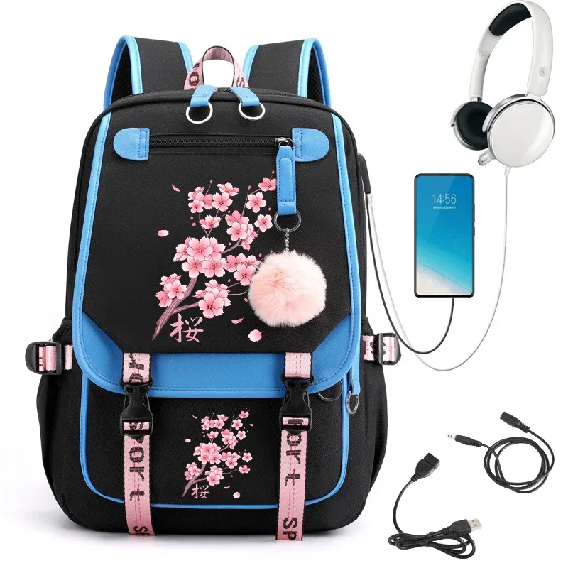 sac à dos d'école kawaii pour filles, sac à livres mignon, sakura tombant, aucune fleur, adolescentes, étudiant, sac de voyage lancé