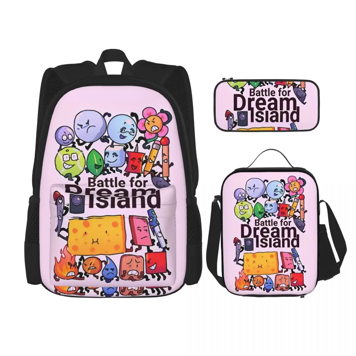 bfdi bfb et tpot bataille pour dream island dessin animé 3pecs/ensemble sac à dos pour adolescent ordinateur portable sac à bandoulière sac à déjeuner trousse à crayons