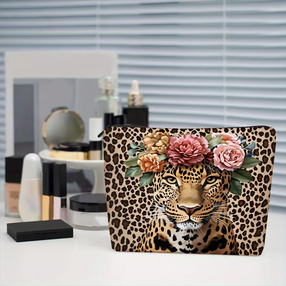 sacs de maquillage à motif léopard avec couronne florale pour filles, pochette à cosmétiques, trousse de toilette, trousse à crayons, rangement de voyage