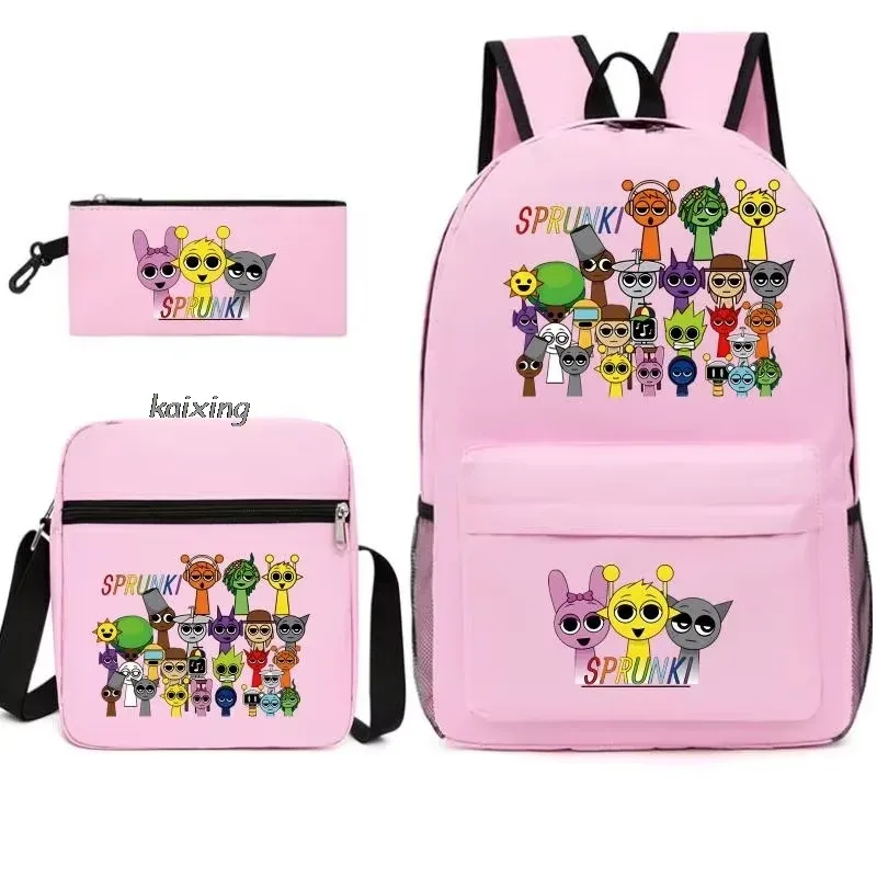 ensemble de 3 sacs à dos imprimés sprunki anime, avec sac fourre-tout et pochette, sac à dos d'extérieur léger et respirant de grande capacité