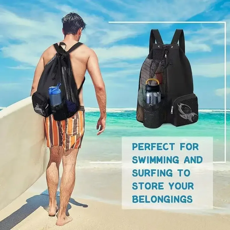 sac à dos respirant en maille noire avec cordon de serrage, poche latérale et bretelles durables pour la gym, la natation, la plage et les voyages en plein air