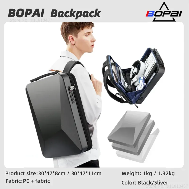 Bopai coque rigide intelligente Usb charge étanche 17.3 mince pochette d'ordinateur hommes sac à dos d'affaires extensible Anti-vol sac à dos de jeu