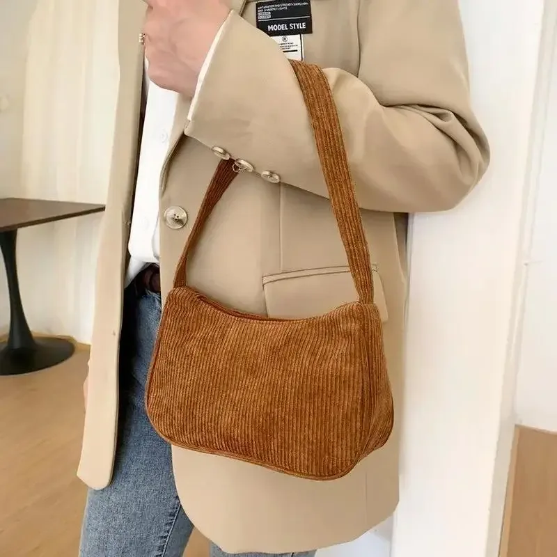 sac sous les bras en velours côtelé pour femmes, sacs à bandoulière décontractés, pochette de shopping sous les aisselles pour téléphone, fermeture éclair, pochette