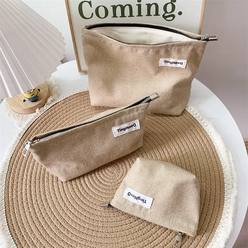 Trousse de maquillage coréenne pour femme, coton, lin, rangement cosmétique, trousses de toilette, beauté féminine, poudres en toile, sac à main de voyage, évaluation