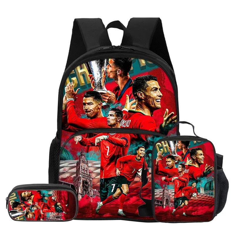 ensemble de 3 pièces avec sac à dos à poche avant ronaldo, sac isotherme pour le déjeuner, trousse à crayons cr, sac à dos de star du football