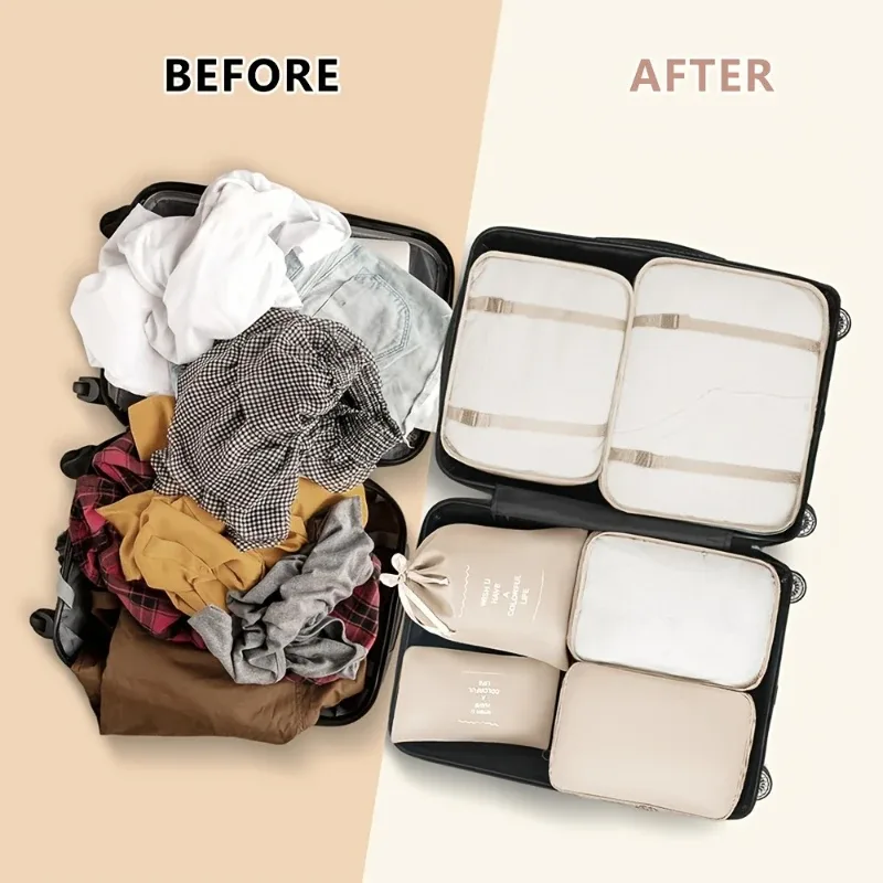 ensemble de 8 organisateurs de voyage, comprenant des cubes de rangement pour vêtements et sous-vêtements, des sacs à cordon et une trousse de toilette, organisateurs de valise inclus.