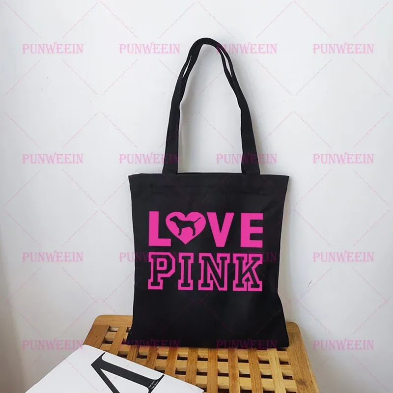 sac en toile imprimé love pink pour femmes, sac de shopping décontracté kawaii mignon, sac à main harajuku, sac à bandoulière vintage y2k, sub-culture