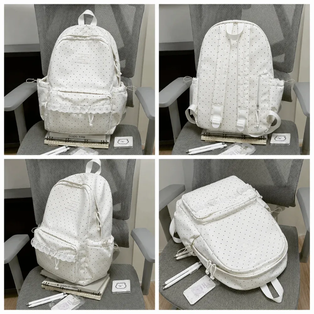 sac à dos de voyage mignon à pois avec dentelle, grande capacité, cartable d'étudiant, sac à dos multi-poches en nylon pour ordinateur portable