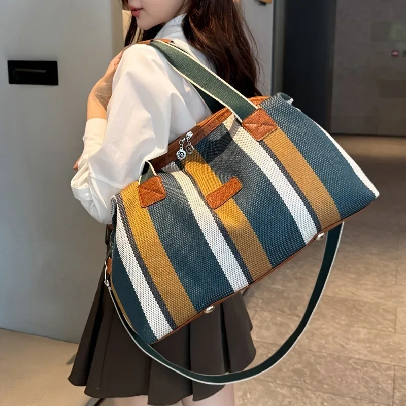 Sac fourre-tout grande capacité en toile rayée tendance, sac à main de banlieue, sac de voyage, sac à bandoulière, sac à langer pour maman