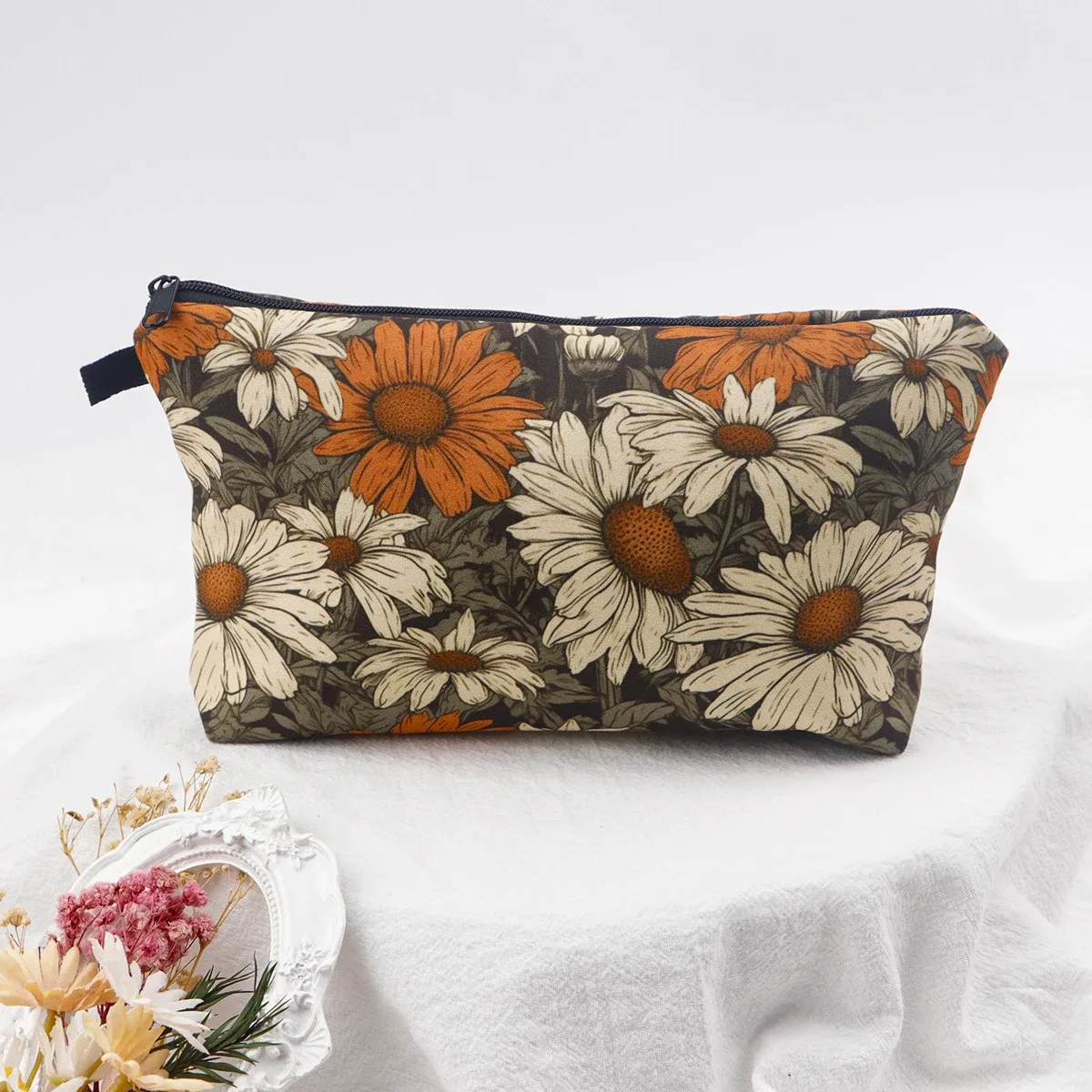 sac de maquillage à fermeture éclair série fleur pour femmes, pochette de rangement de voyage portable, sac de rouge à lèvres de voyage, trousse de maquillage, sacs pour pinceaux cosmétiques