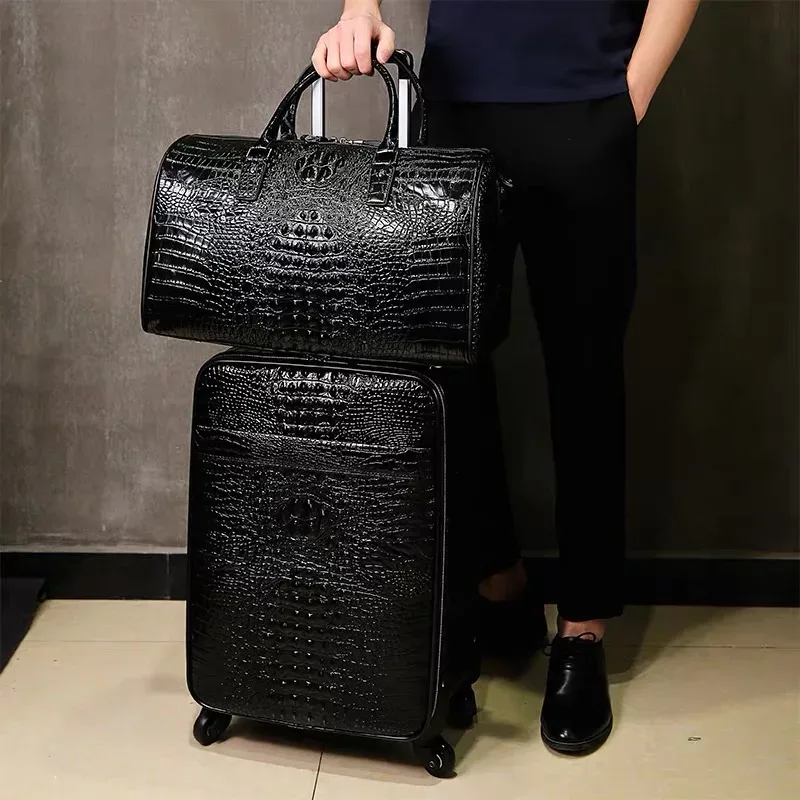valise de voyage 100% cuir véritable avec sac à main, en cuir de vachette, à roulettes universelles, motif crocodile, 20 pouces, pour homme