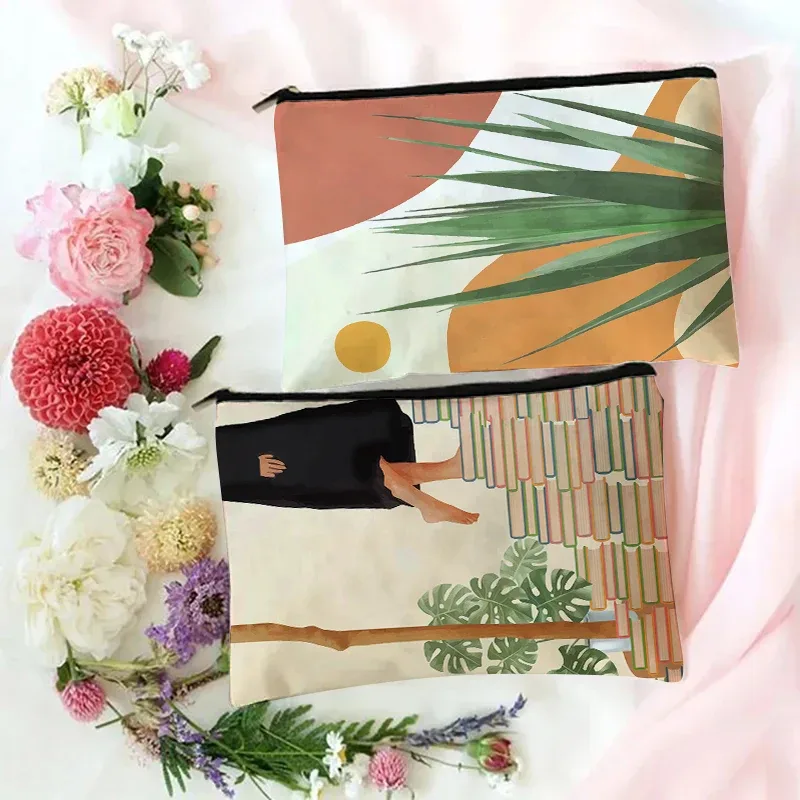 Trousse de maquillage bohème en toile, motif abstrait de feuilles de plantes botaniques, pochette cosmétique minimaliste avec fermeture éclair, organisateur de toilette portable pour voyage.
