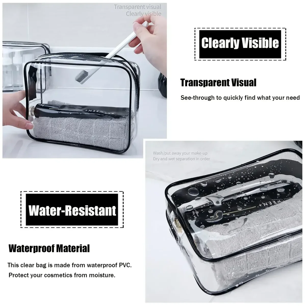 trousse de maquillage transparente avec fermetures éclair, 1/3 pièces, organisateur transparent étanche, sacs à cosmétiques pour vacances, voyage d'affaires, salle de bain aéroport