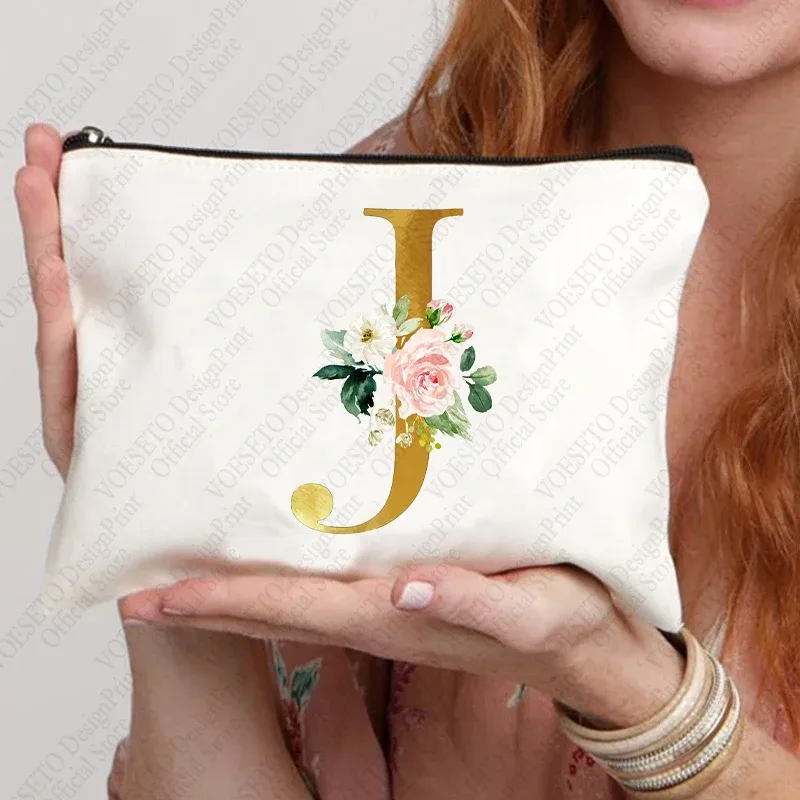sac à fermeture éclair à motif initial pour femme, trousse de maquillage cosmétique, poudres de toile de bain de mariage, sacs de rouge à lèvres de voyage, cadeau de fête d'enterrement de vie de jeune fille