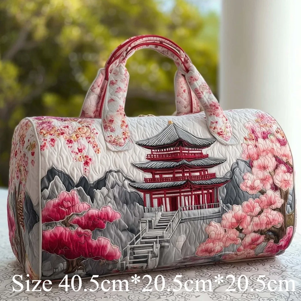 sac de voyage matelassé 3d de style japonais, imprimé pagode de cerisier, léger, sac de voyage vintage, cadeau oriental