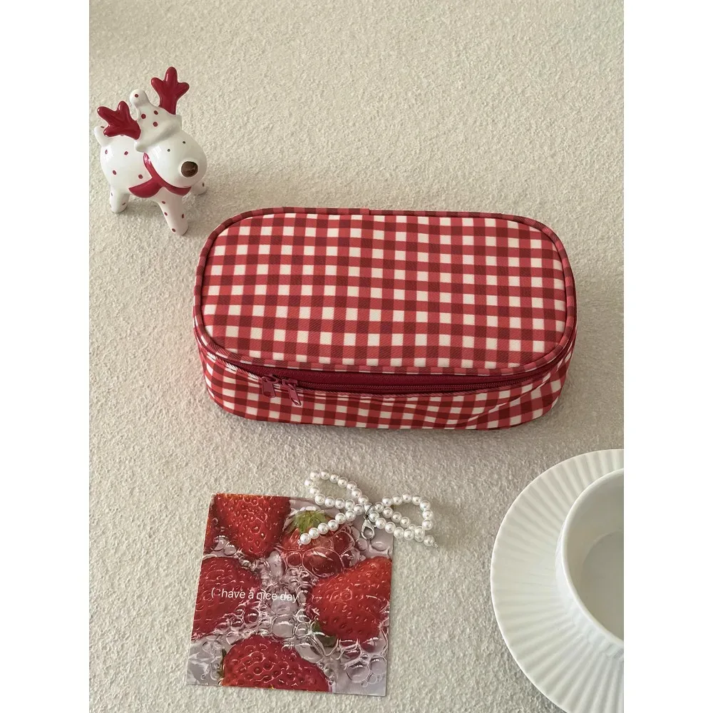 pochette à cosmétiques à carreaux, trousse de toilette de voyage minimaliste à blocs de couleur, nouvelle trousse de maquillage portable à motif quadrillé grande capacité