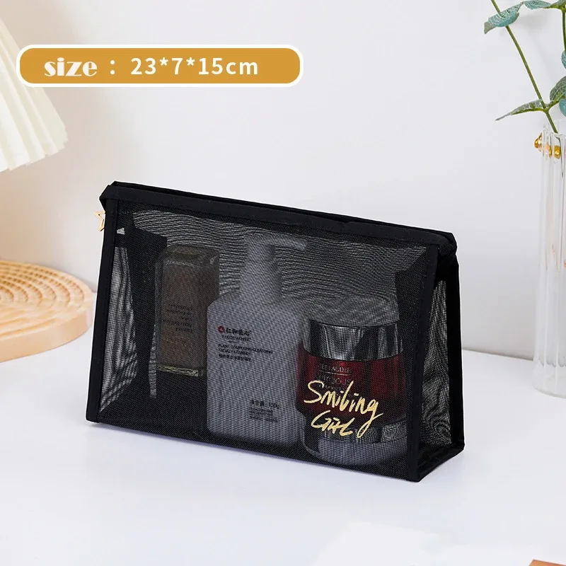 trousse à cosmétiques en maille noire transparente pour femme, trousse de maquillage, petite et grande trousse de toilette, étui de voyage pour pinceaux, 1pc