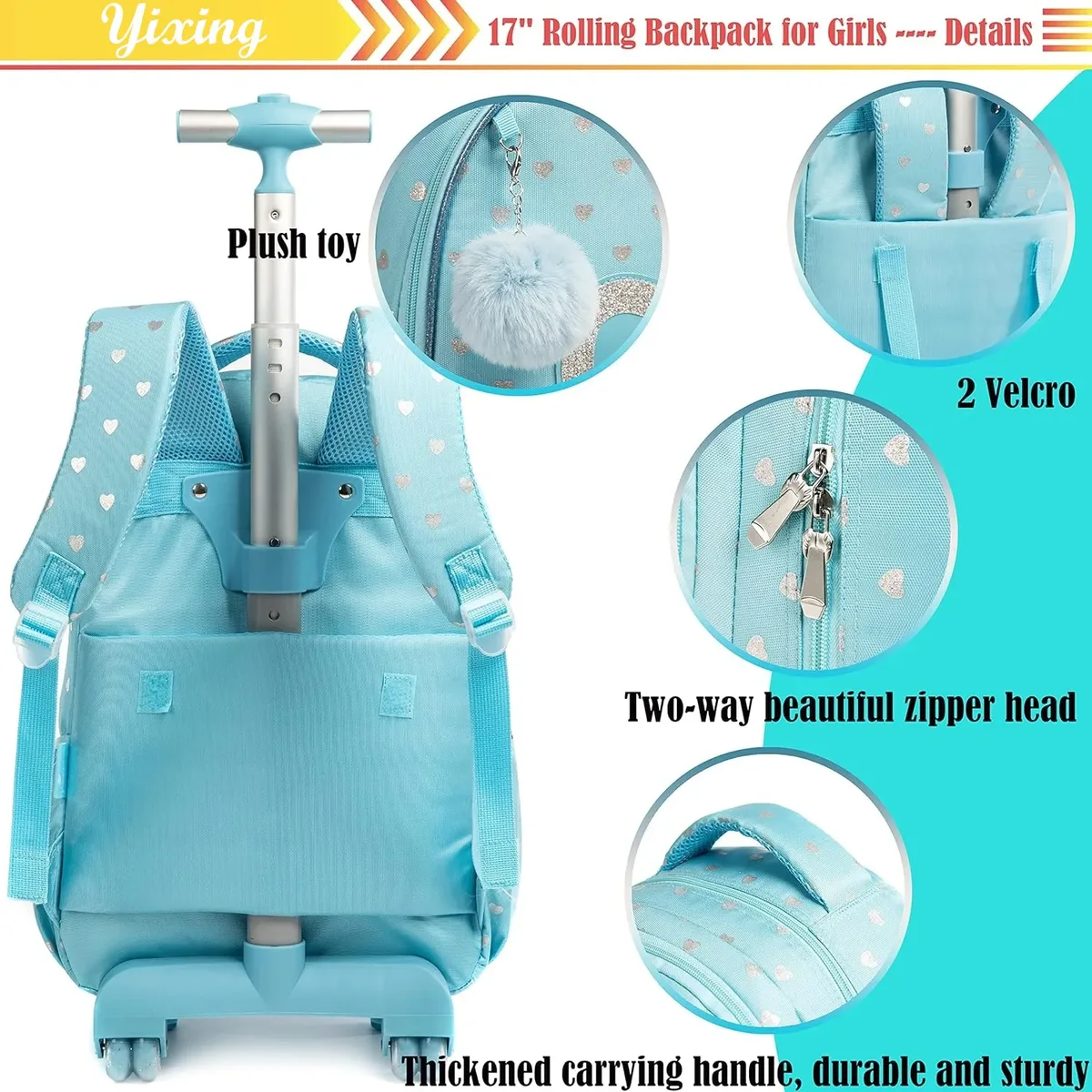 ensemble de sac à dos à roulettes pour enfants avec boîte à lunch, sac à dos scolaire à roulettes, sac à dos trolley pour filles