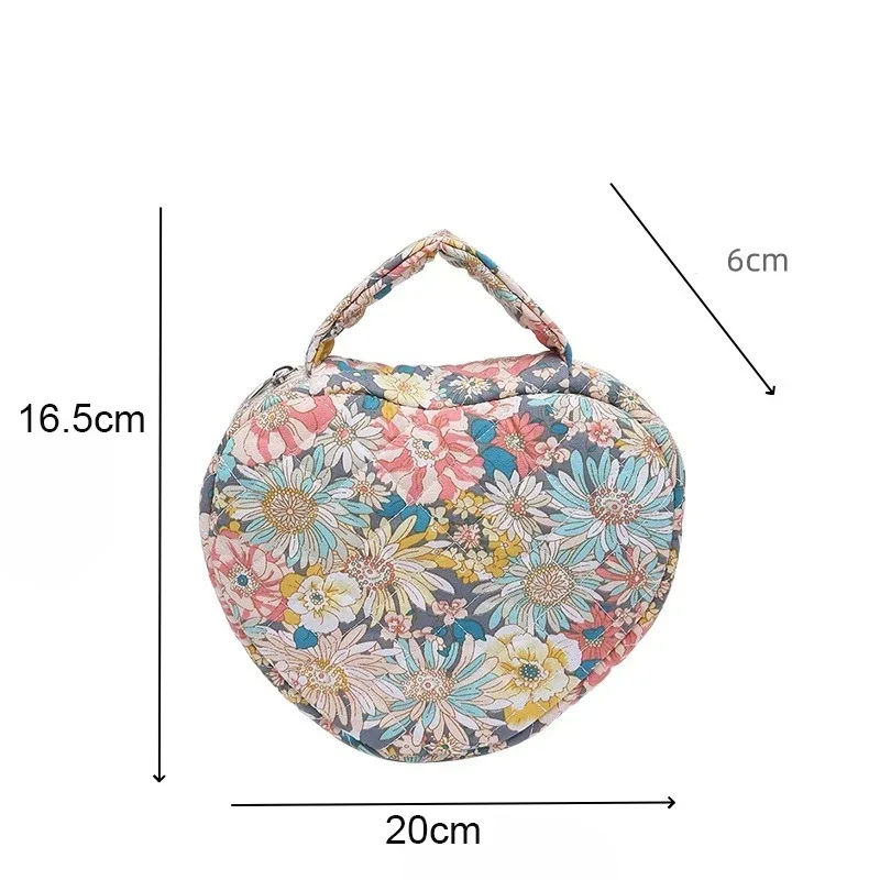 nouveau sac à cosmétiques matelassé en forme de cœur, grand sac de rangement de toilette de voyage portable, cadeau de saint-valentin, sac de maquillage en coton floral avec nœud mignon