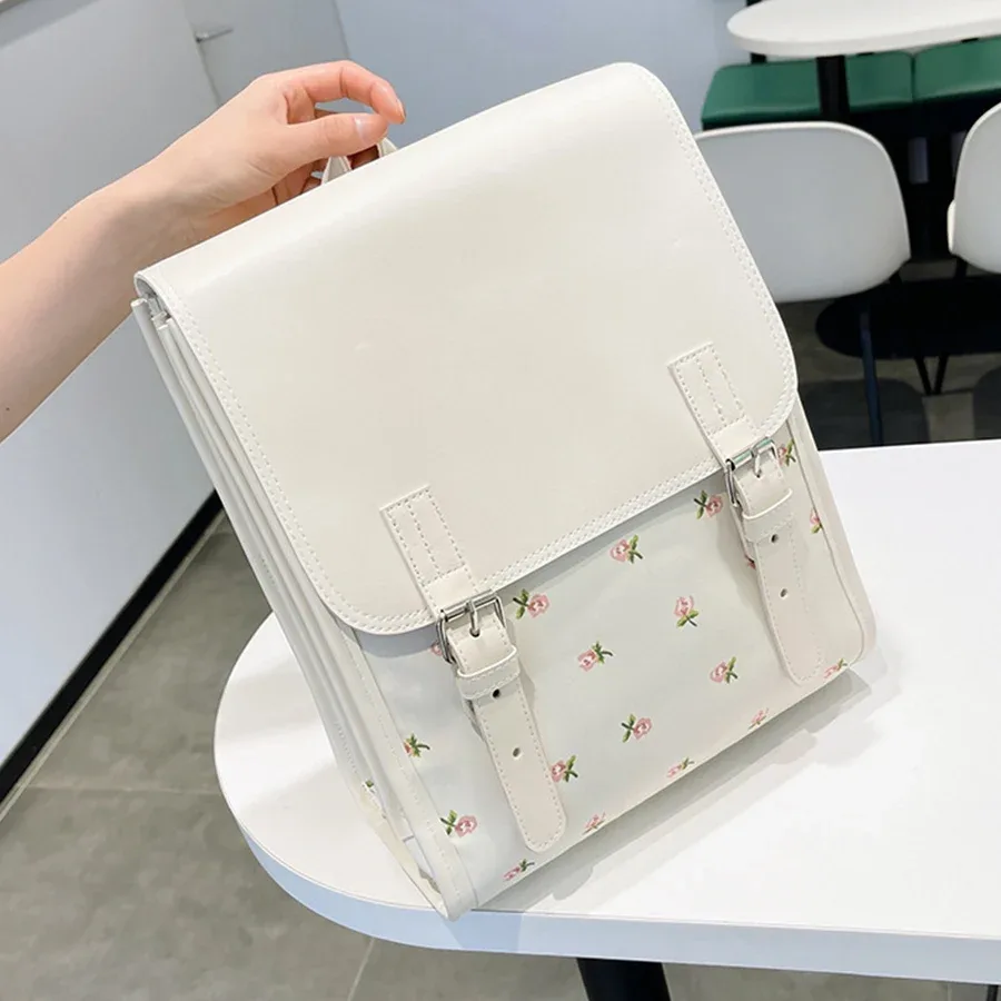 sac à dos à rabat en cuir pu pour femmes et filles, sac d'école à fleurs, sac de voyage d'université, sac à bandoulière pour usage quotidien