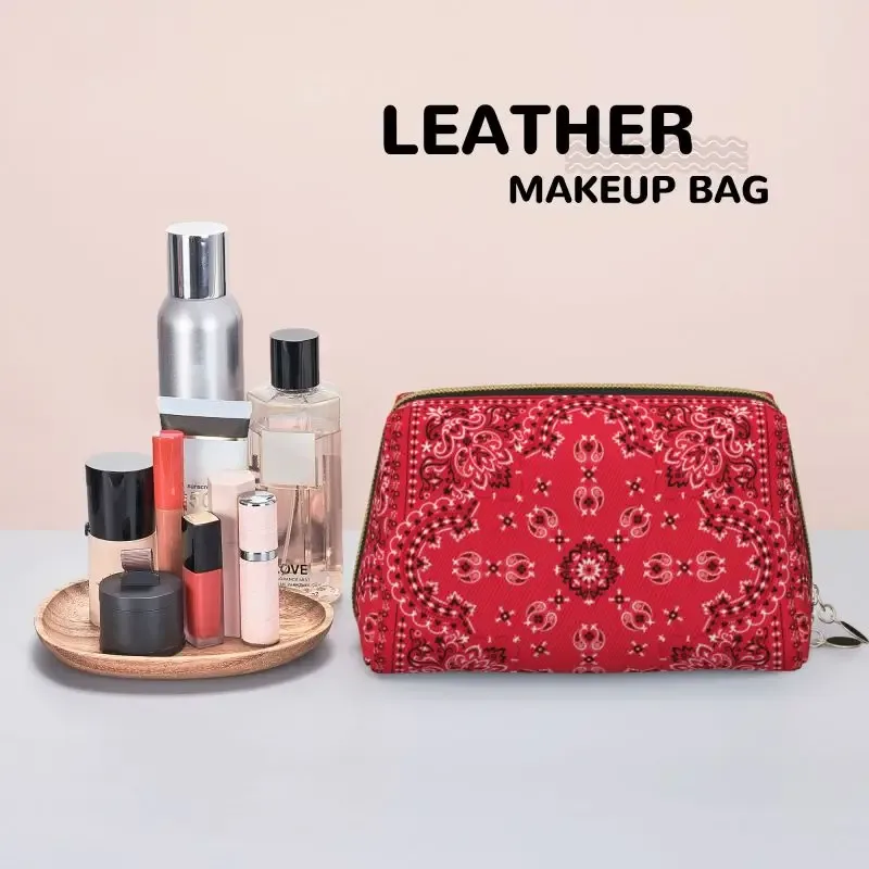 sac de maquillage en cuir ethnique bohème rouge et noir à motif cachemire, trousse de toilette de voyage pour femme, sacs cosmétiques, sac de rangement portable, cadeaux