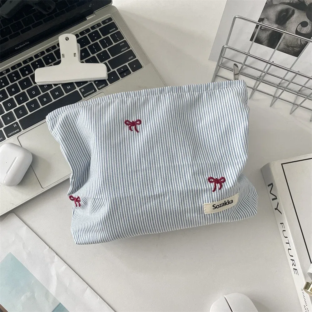sac de maquillage brodé à carreaux rayés, sac à cosmétiques pour femmes, organisateur de voyage de maquillage à fermeture éclair portable, pochette de rangement de toilette féminine