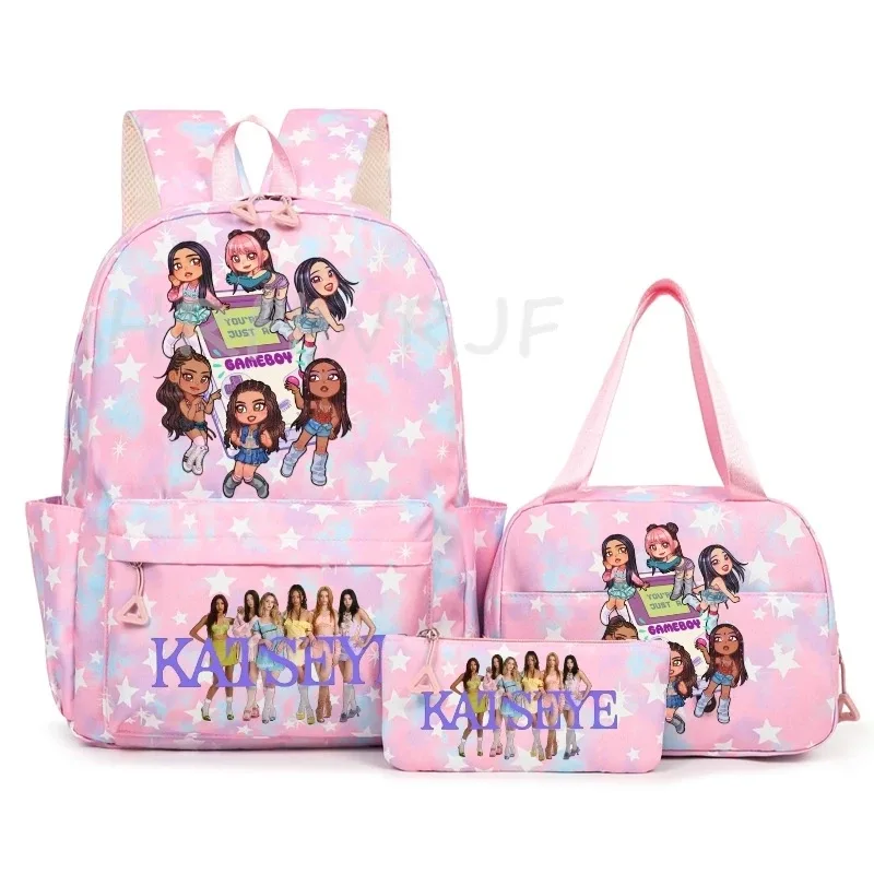 sac à dos katseye à thème musical, 3 pièces, imprimé étoiles roses, cartable amusant pour adolescents, étudiants, femmes, sac à dos pour ordinateur portable, sac de voyage mochila