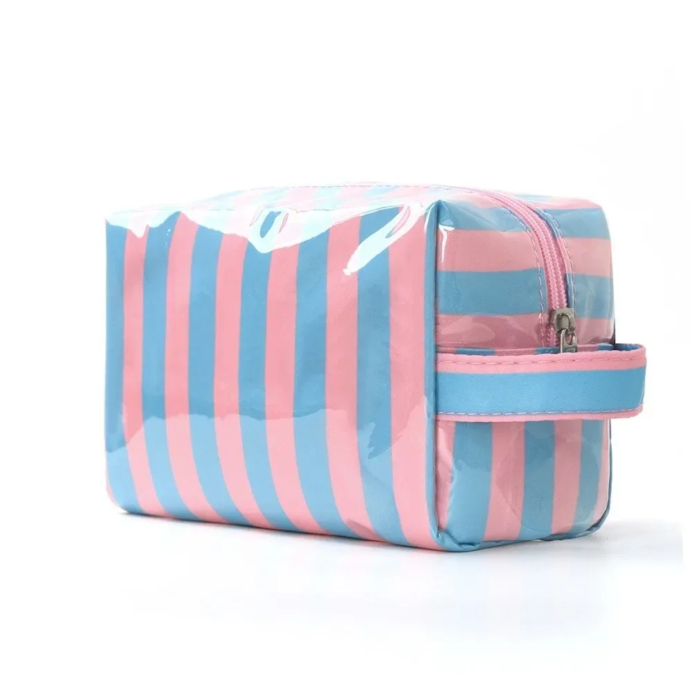 trousse de toilette imperméable rayée rose simple sac de rangement cosmétique de voyage portable grande capacité organisateur de maquillage en pvc