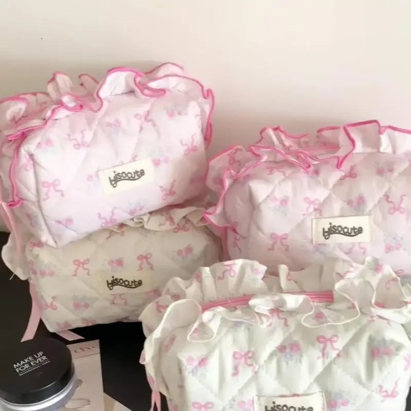 sac de maquillage en coton matelassé avec nœud mignon pour femmes, organisateur de cosmétiques à fermeture éclair, sac à main en tissu, trousse de toilette portable pour filles