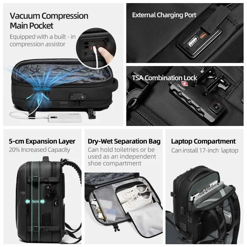 sac à dos de voyage pour homme avec pompe de compression à un clic, sac à dos de compression sous vide 60l pour alpinisme, randonnée, extérieur, avec compartiment pour ordinateur portable