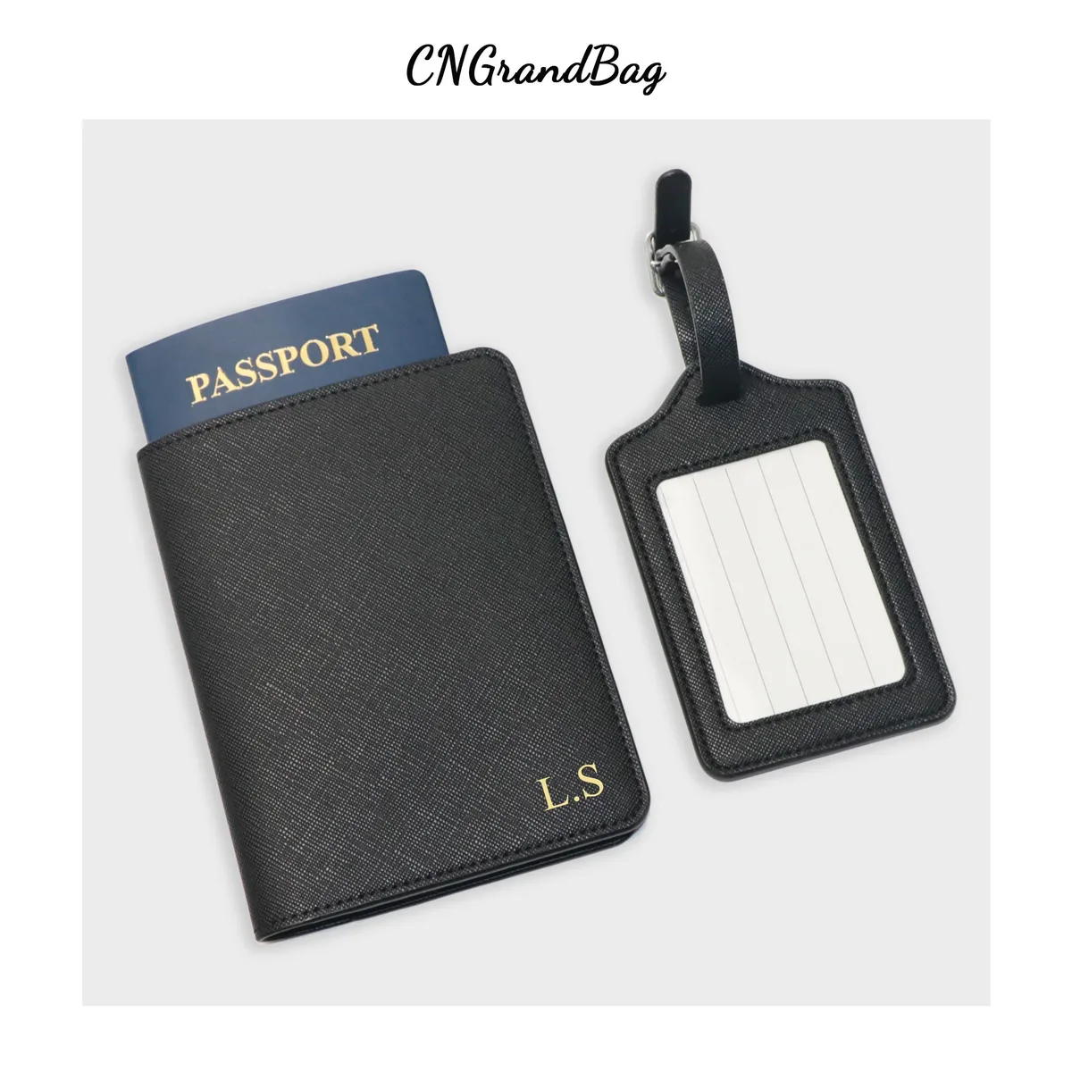 dropshipping - porte-passeport en cuir pu saffiano avec lettres initiales monogrammées gratuites et ensemble d'étiquettes de bagages - accessoires de voyage
