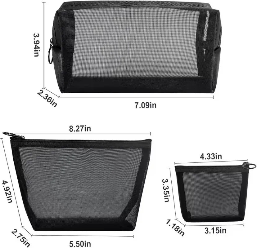 ensemble de 3 sacs à cosmétiques en maille, noir et gris, sacs de maquillage portables, fermeture éclair en maille respirante, adaptés à la pochette de rangement de voyage