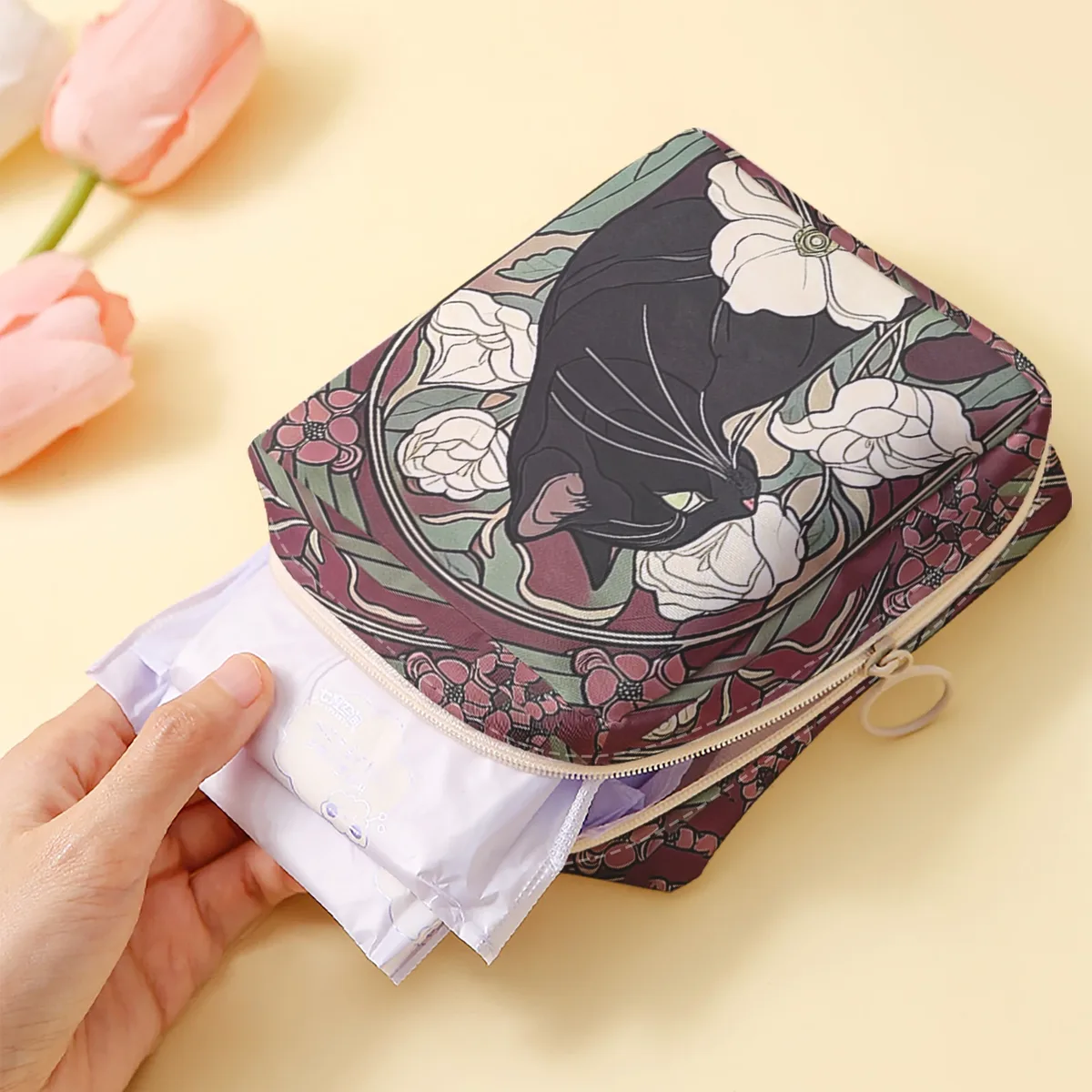 1 sac de rangement pour serviettes hygiéniques imprimé motif chat, sac léger pour mouchoirs pour femmes, sac pour mouchoirs hygiéniques