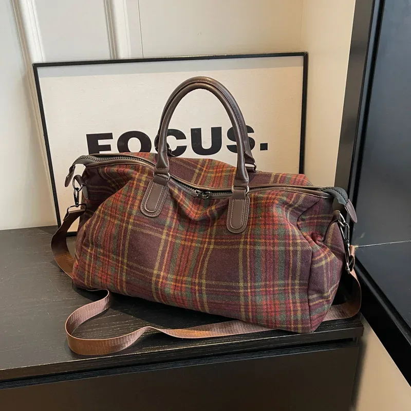 1 pièces sac de voyage à main grande capacité rétro plaid bandoulière sac de sport court voyage affaires et voyage bagages fourre-tout