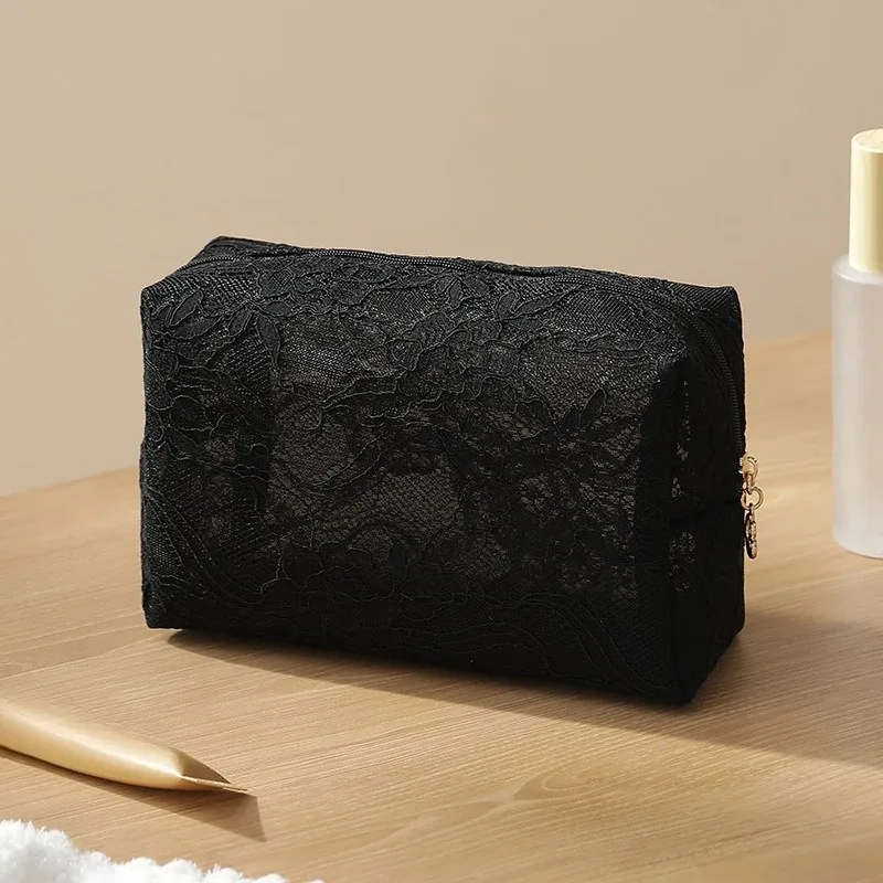 trousse de maquillage en maille de dentelle pour femmes, sac de rangement de cosmétiques et de bijoux de grande capacité, trousse de toilette carrée portable à fermeture éclair