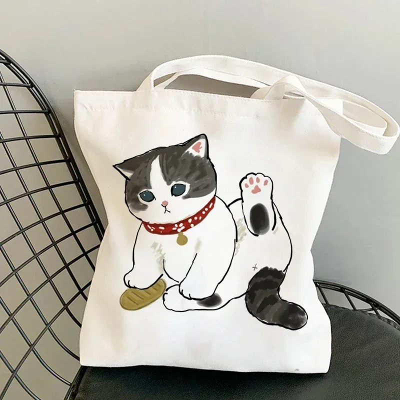 femme sacs à provisions kawaii dessin animé chats amusant sac fourre-tout shopper organisateur décontracté déjeuner sacs à main grande capacité toile sacs à bandoulière