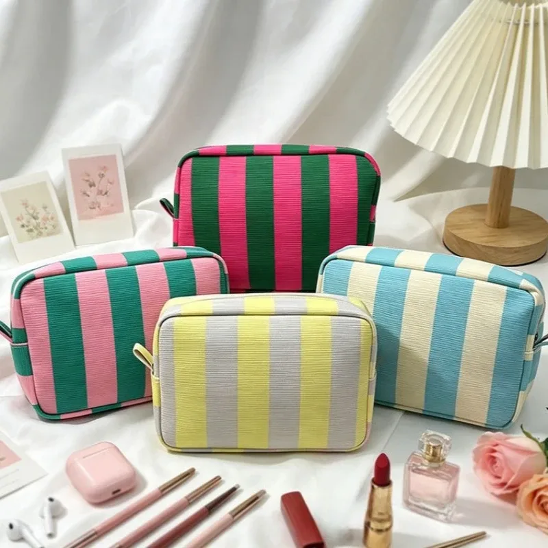 sac de maquillage rayé en forme de boîte pour femmes, sac à cosmétiques portable avec fermeture éclair, organisateur de voyage, pochette de rangement pour articles de toilette féminins