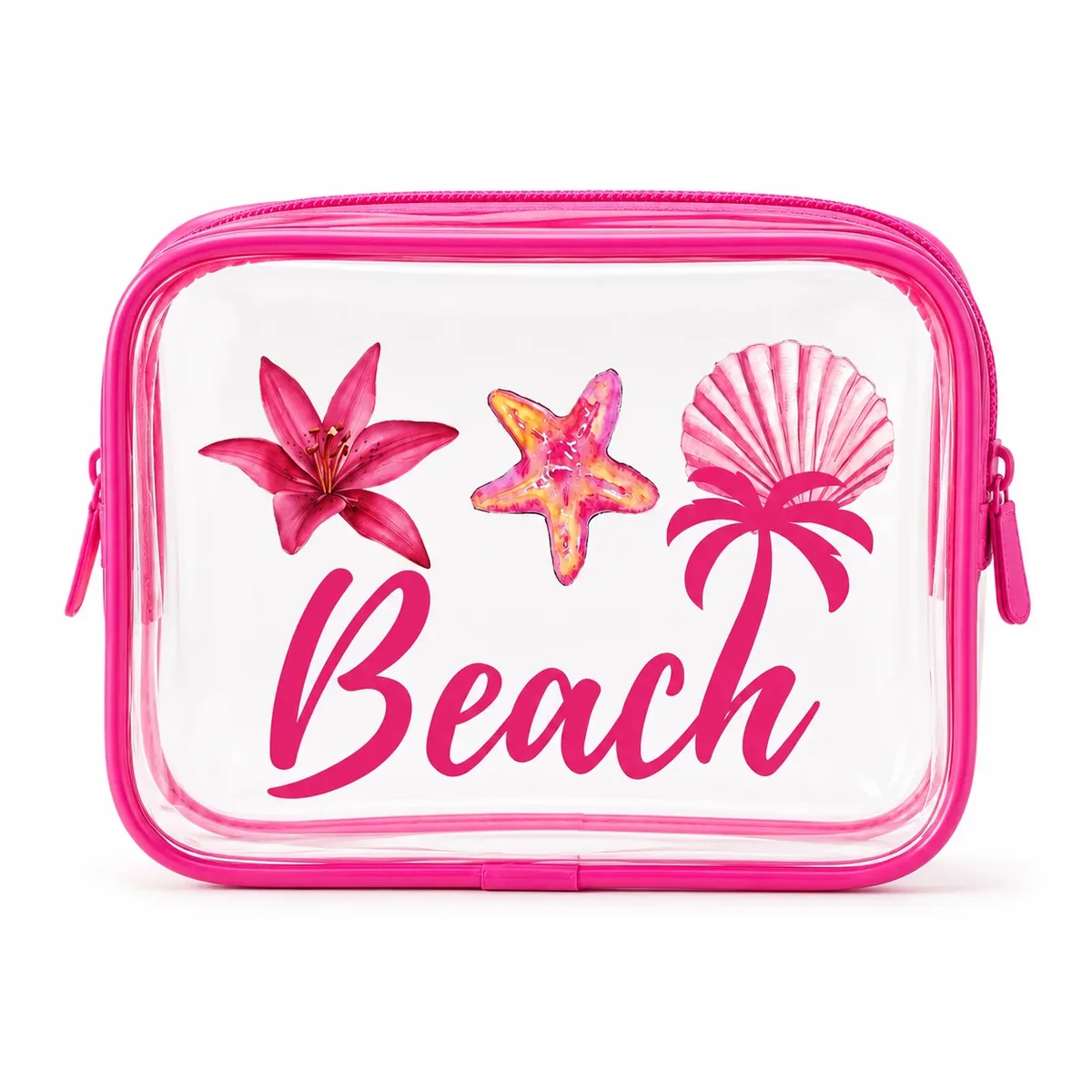 pochette de maquillage transparente en pvc à imprimé plage rose, pochette de rangement cosmétique de voyage imperméable pour femmes, rangement pour articles de toilette et soins de la peau