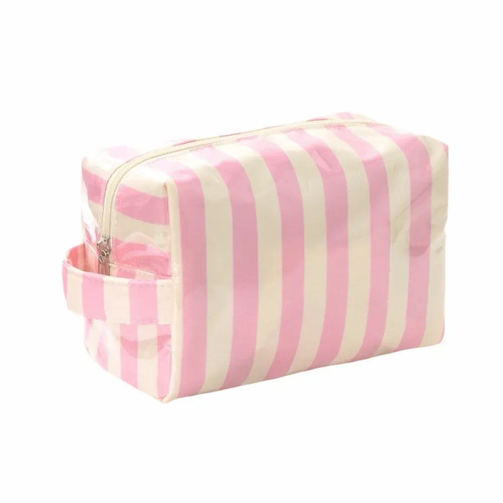 trousse de toilette imperméable rayée rose simple sac de rangement cosmétique de voyage portable grande capacité organisateur de maquillage en pvc