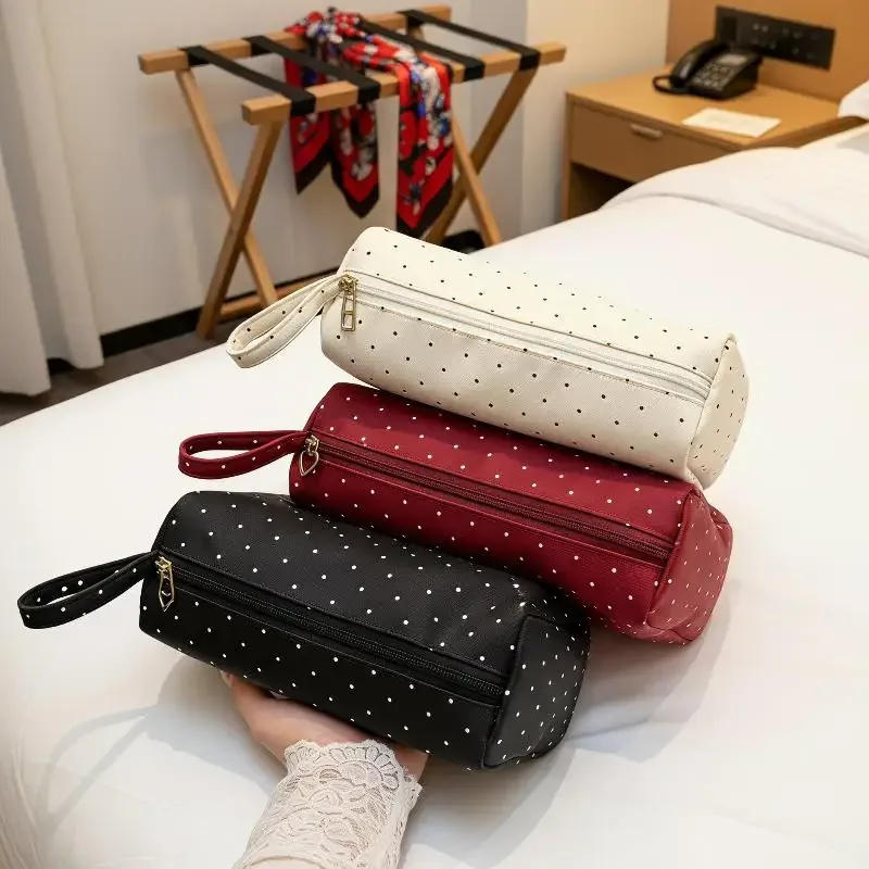 trousse de toilette grande capacité à fermeture éclair en twill à pois, portable, pour étudiants, dortoir et voyage